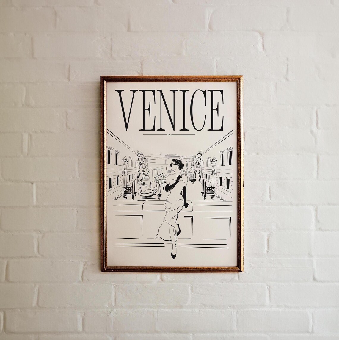 Venice Italy Fashion Sketch Print Elegant Woman Canal Night Wall Art - Image 3