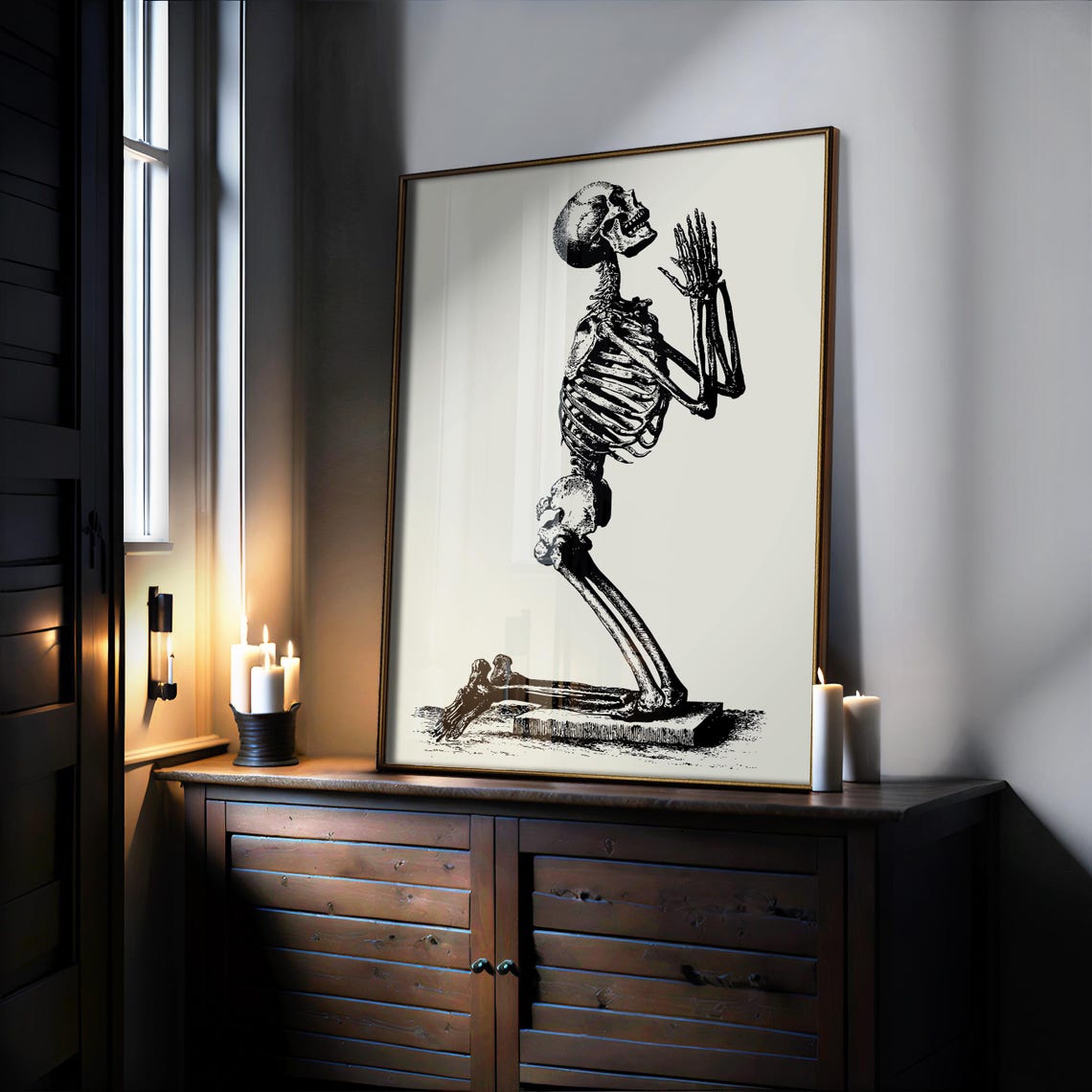 Kneeling Praying Skeleton Vintage Halloween Gothic Wall Poster - Image 2