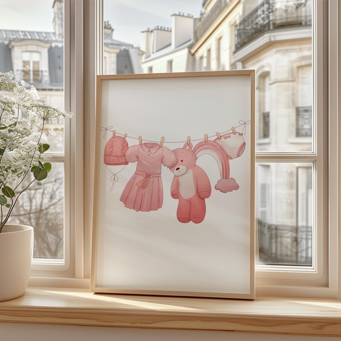 Pink Baby Girl Clothesline Teddy Bear Rainbow Nursery Wall Art - Image 3