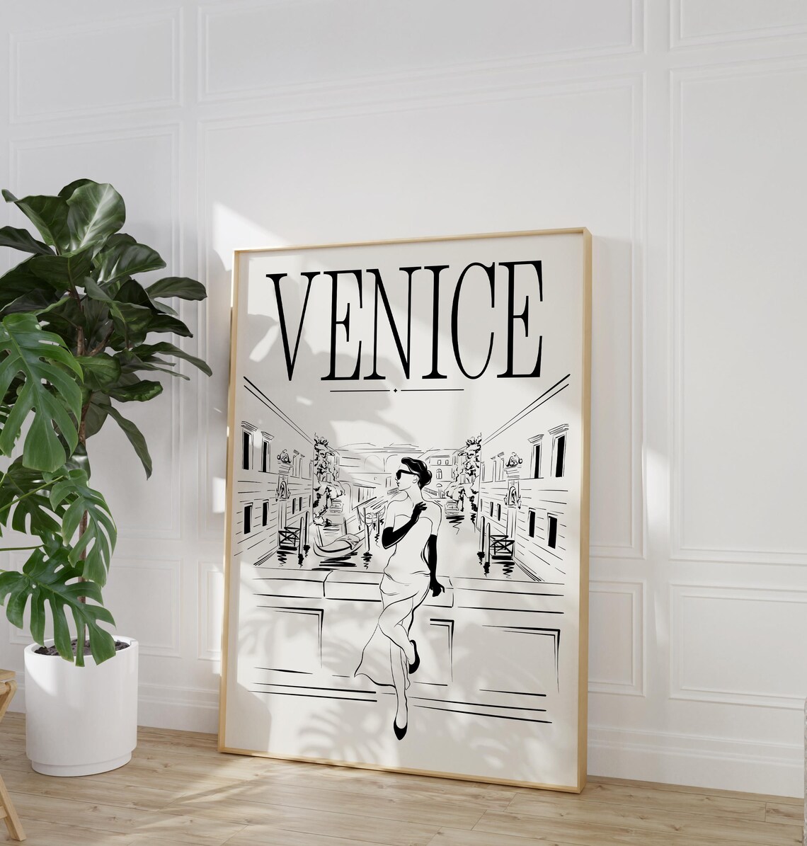 Venice Italy Fashion Sketch Print Elegant Woman Canal Night Wall Art - Image 2