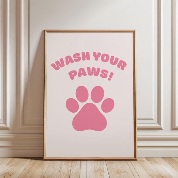 Playful Wash Your Paws Pink Paw Graphic Cute Bathroom Quote Poster