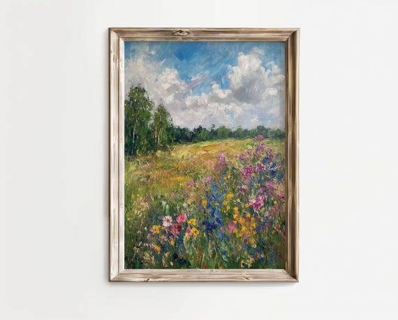 Physical Poster Midcentury Vintage Abstract Wildflowers Field Blue Sky Art Print For Living Room Wall Decor Trendy
