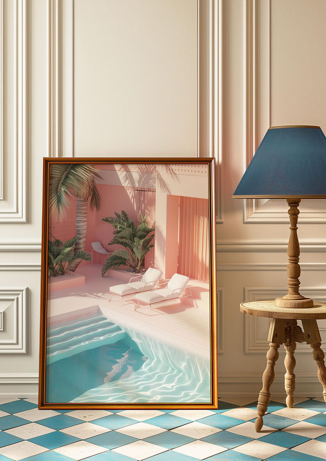 Pastel Pink Poolside Oasis Modern Swimming Pool Illustration Print