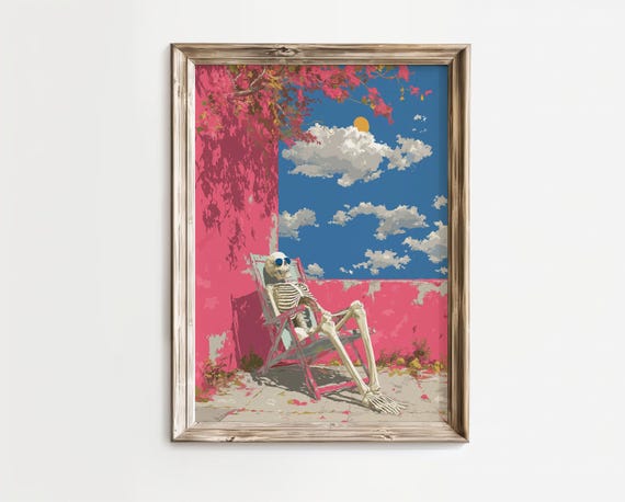 Skeleton Sun Bathing With Sunglasses Art Print Cute Girly Halloween Decor Vintage Oil Painting Quirky Pastel Pink Blue Spooky Kitchen