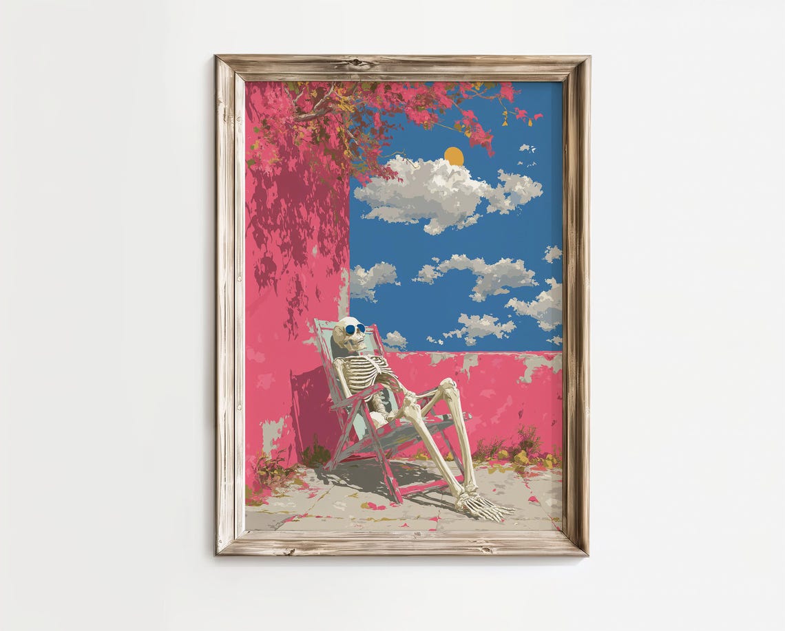 Skeleton Sunbathing Sunglasses Pink Poolside Quirky Halloween Poster