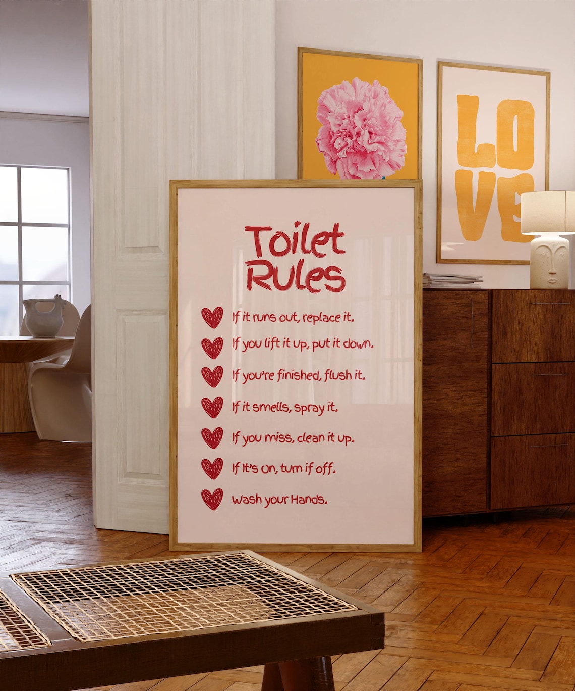 Toilet Rules Red Typography Funny Bathroom Poster with Heart Decor