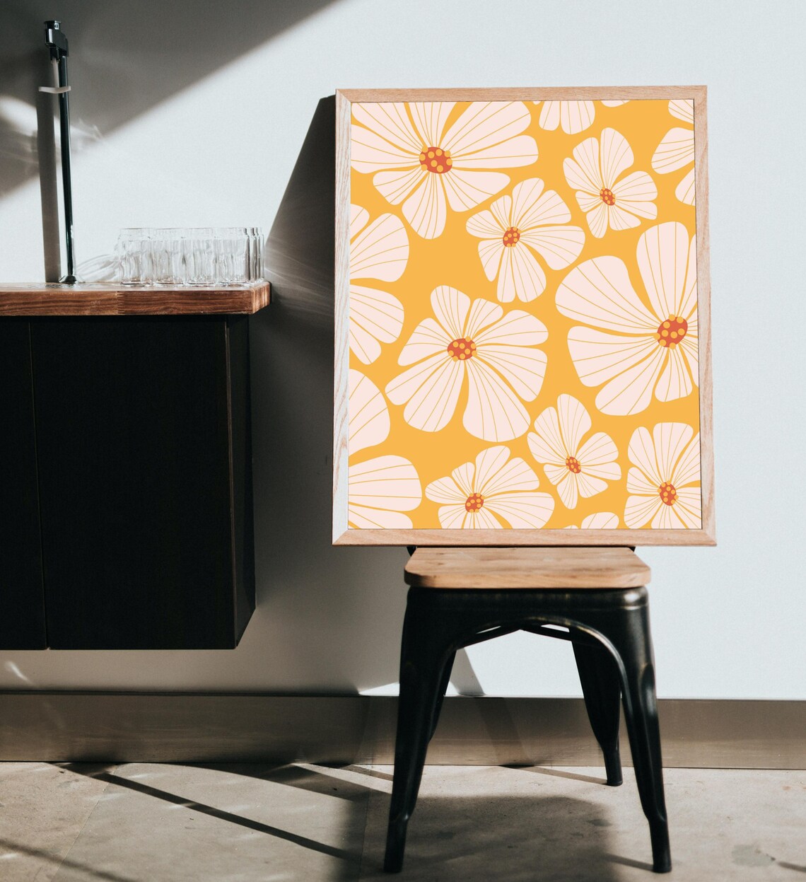 Yellow Wavy Flower Pattern Abstract Funky Retro Botanical Wall Art