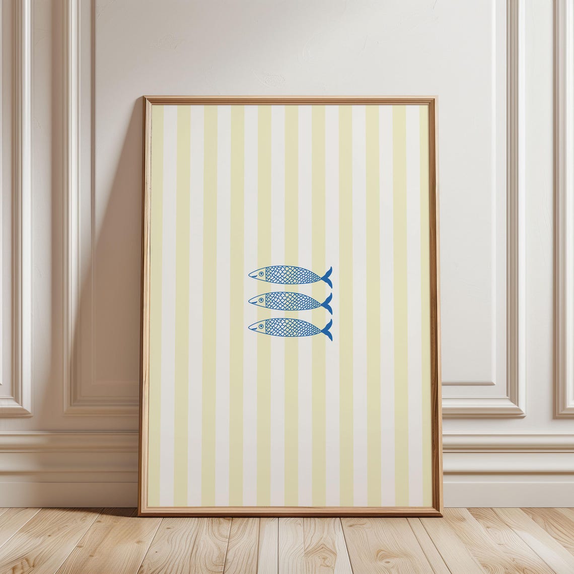 Sardines Line Art Illustration Wall Print Coastal Kitchen Decor Nautical Fish Poster Cute Girly Yellow Blue