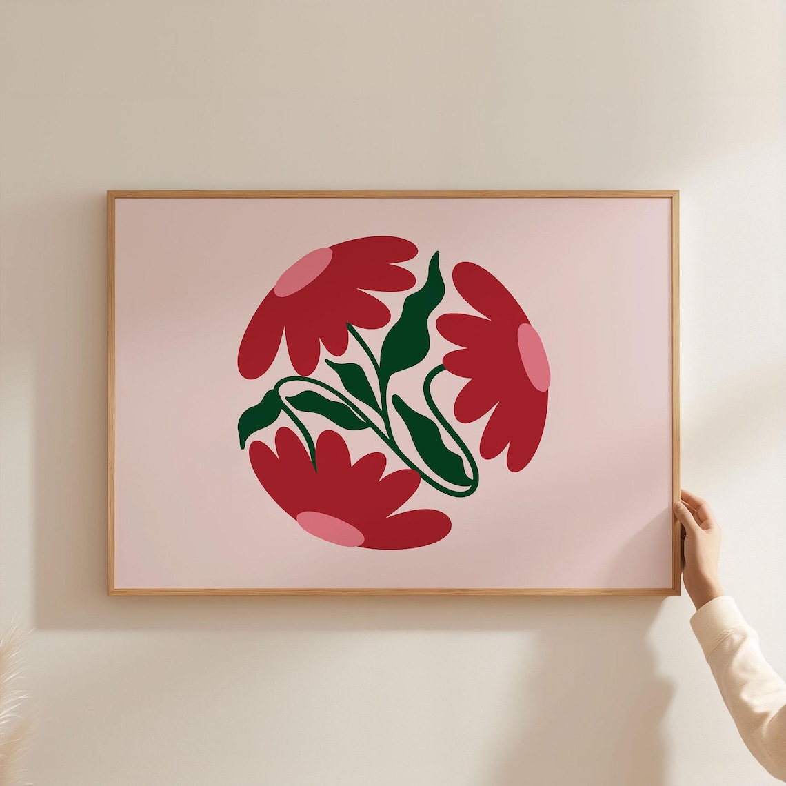 Bold Red Poppies Circle Graphic Modern Floral Blush Pink Wall Art