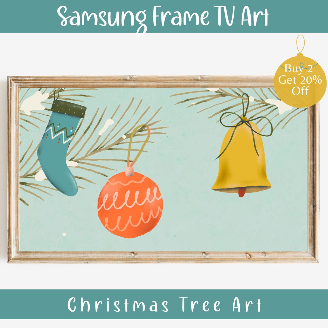 Cute Christmas Ornaments Stocking Bell Bauble Pine Frame TV Art Print