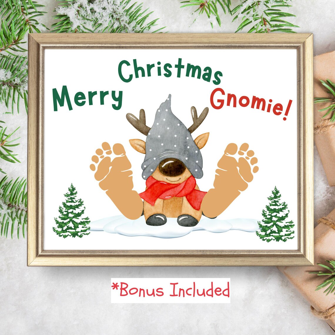 Gnome Christmas Footprint Art, Holiday Keepsake Print