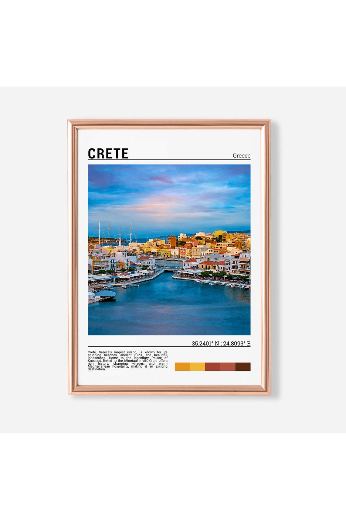 Crete Greece Colorful Harbor Town Sunset Waterfront Travel Poster