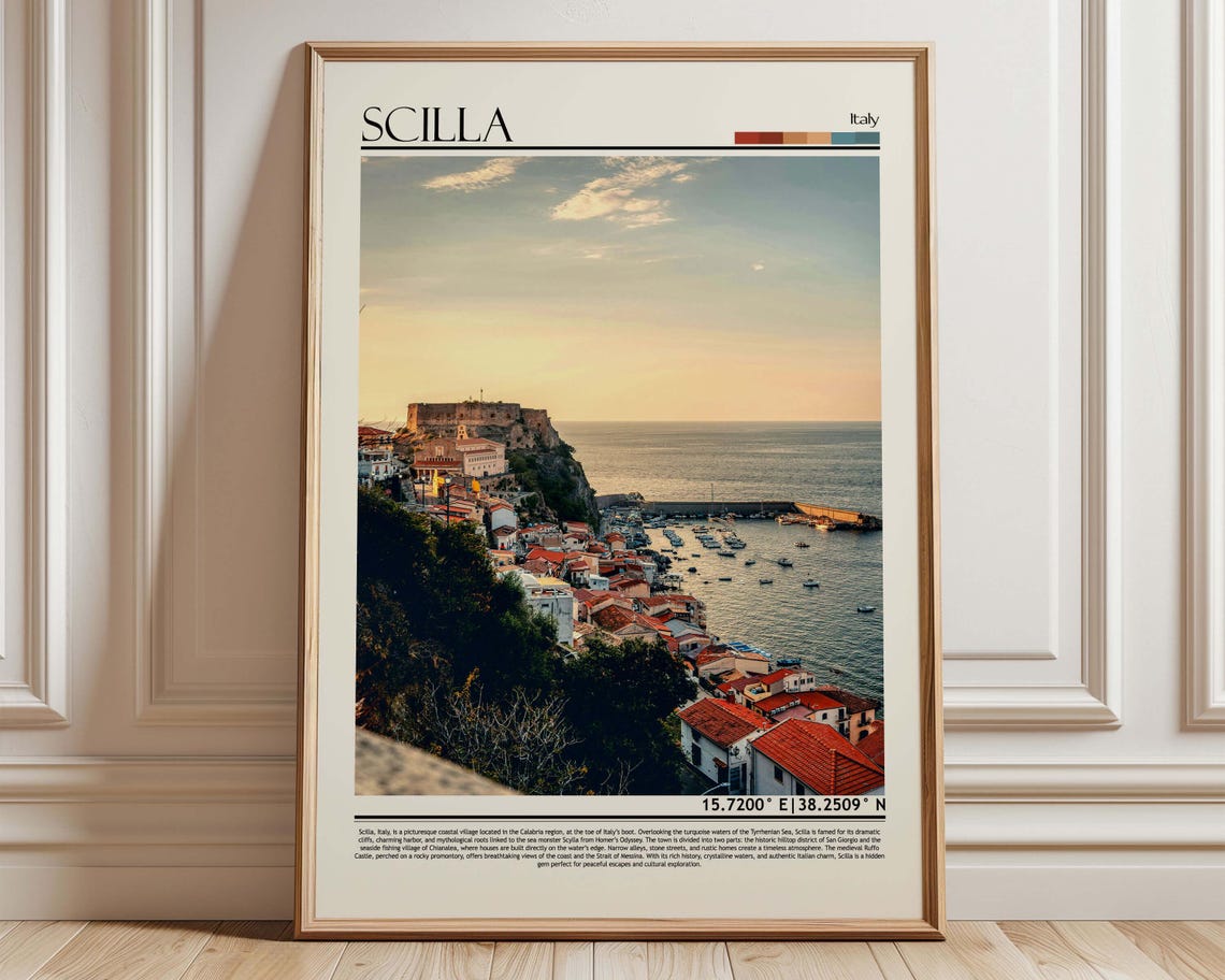 Scilla Italy Coastal Village Sunset Travel Poster With Coordinates