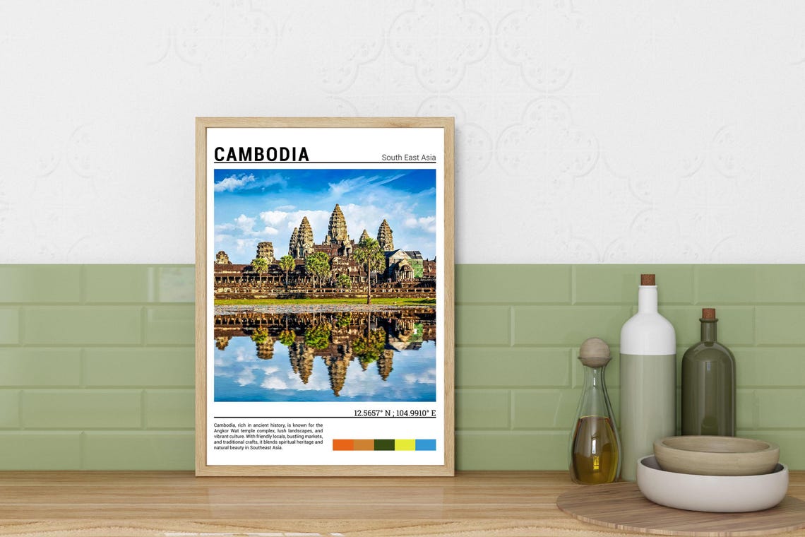 Angkor Wat Cambodia Ancient Temple Mirror Reflection Blue Sky Poster - Image 3
