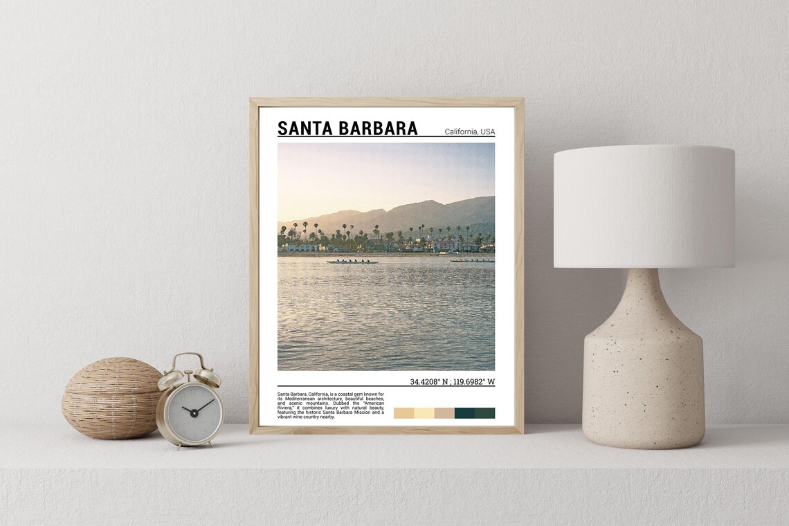 Santa Barbara California Waterfront Palms Mountains Sunset Travel Poster - Image 2