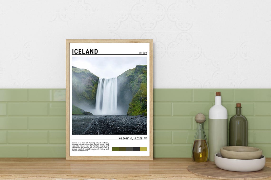 Iceland Skogafoss Waterfall Misty Green Cliffs Nature Poster - Image 3