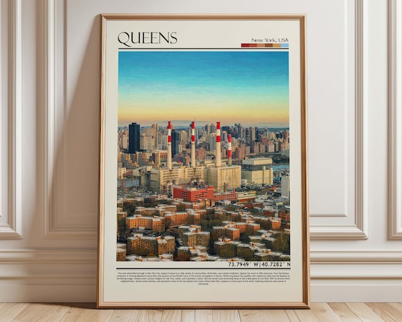 Queens New York USA City Skyline Sunset Industrial Travel Poster