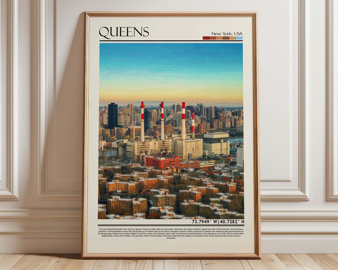 Queens New York USA City Skyline Sunset Industrial Travel Poster