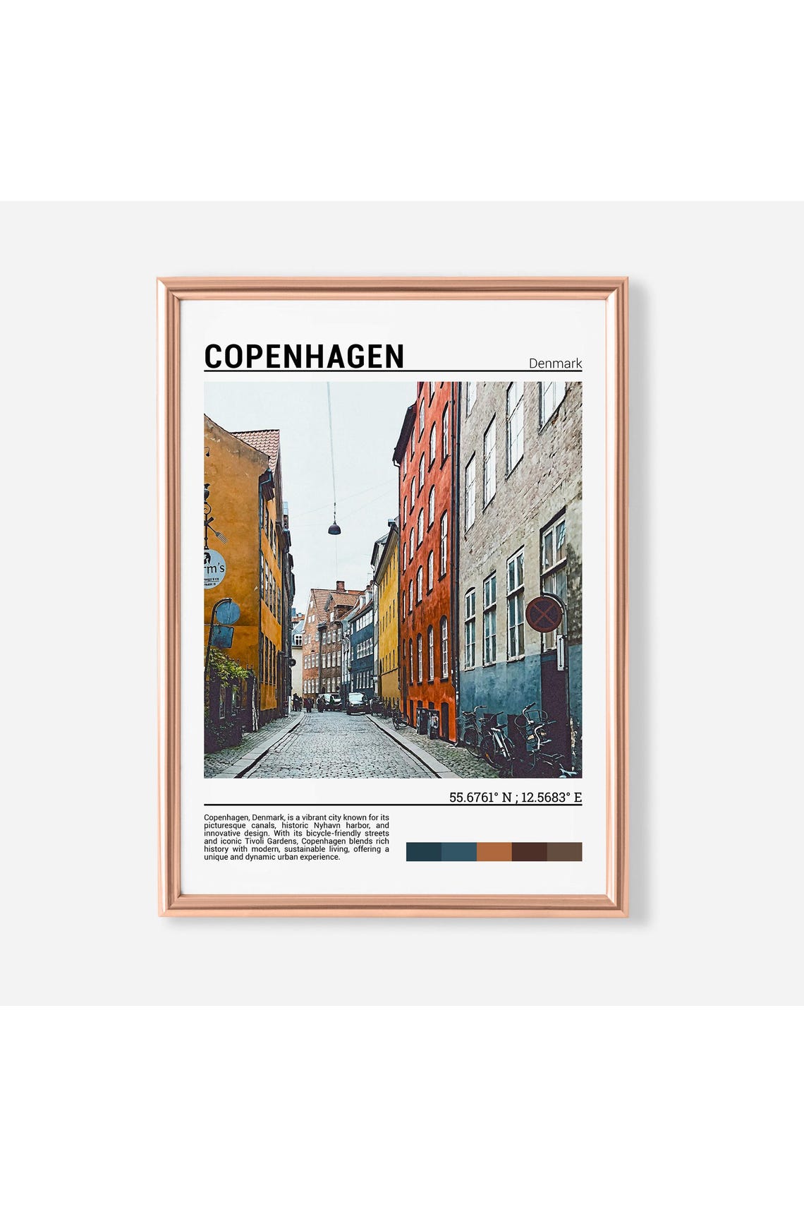 Copenhagen Denmark Cobblestone Street Colorful Houses Travel Poster