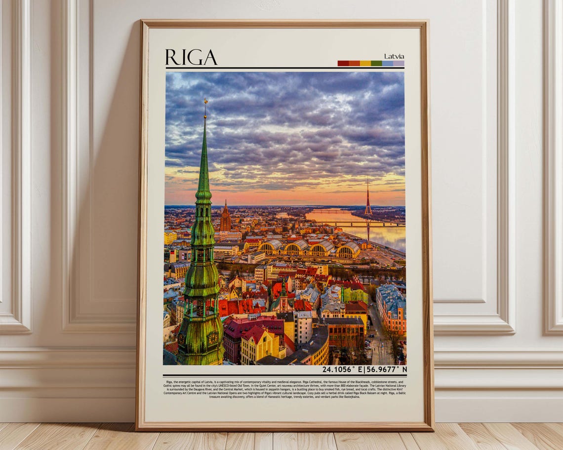 Riga Latvia Old Town Spire Sunset Daugava Minimalist Travel Art Poster
