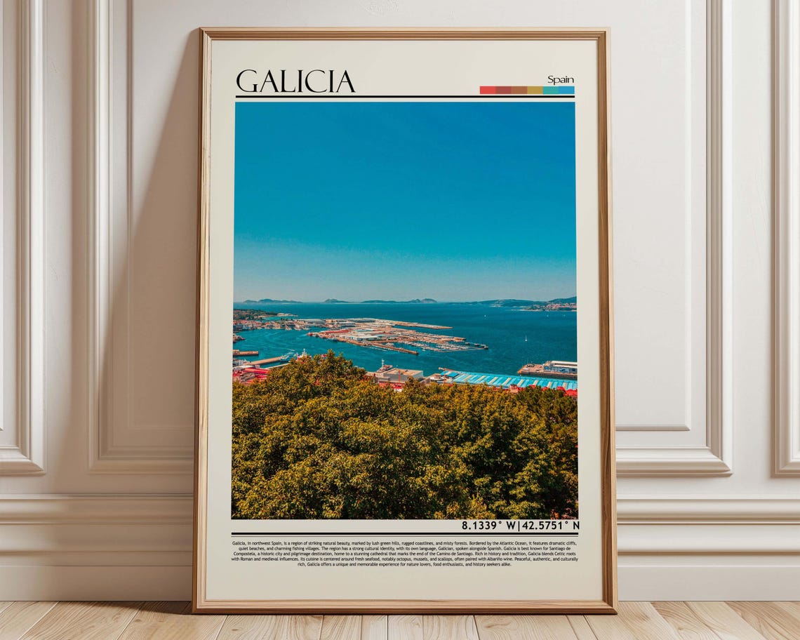 Galicia Spain Sunny Harbor Bay Aerial Coast Travel Poster Gift