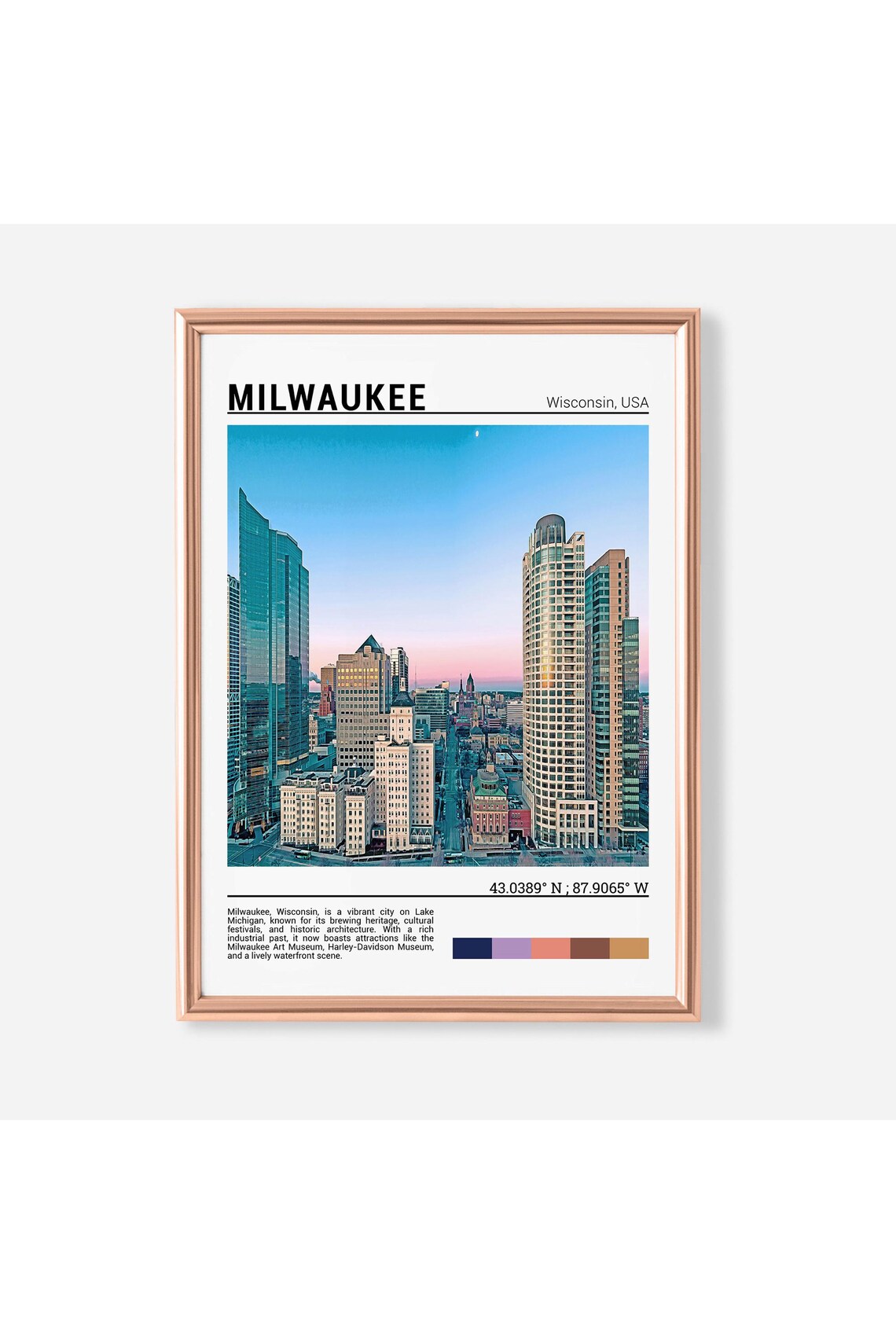 Milwaukee Wisconsin Downtown Glass Towers Dusk Skyline Travel Poster