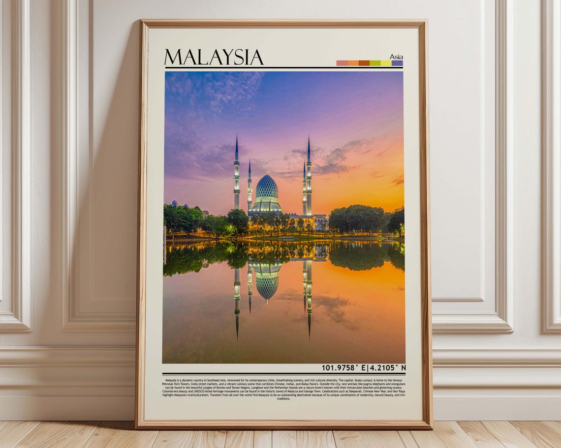 Malaysia Grand Mosque Sunset Reflection Lake Travel Poster Photo