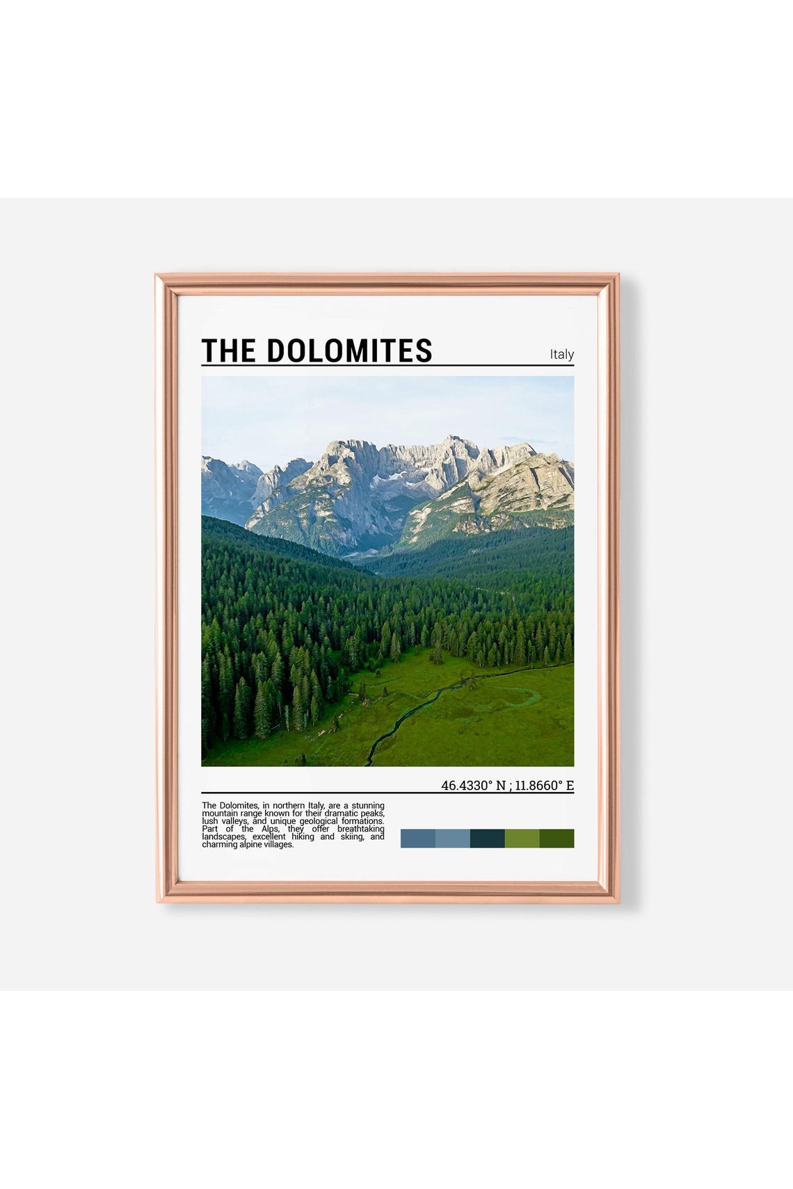 The Dolomites Italy Alpine Peaks Forest Valley Mountain Travel Poster