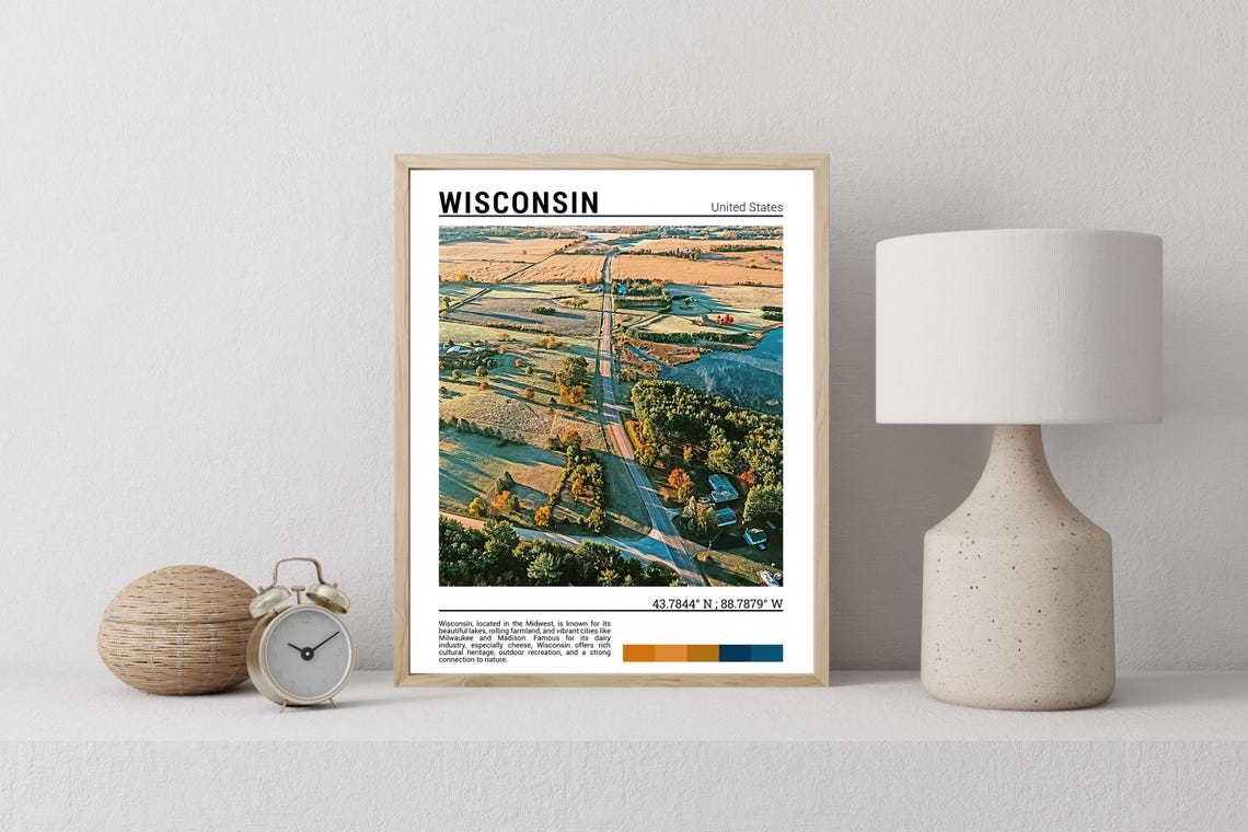 Wisconsin Autumn Farmland Aerial Rolling Fields Lake Travel Poster - Image 2