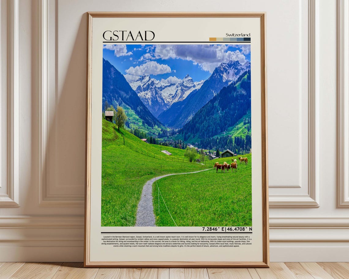 Gstaad Switzerland Alpine Meadow Mountains Cows Travel Poster