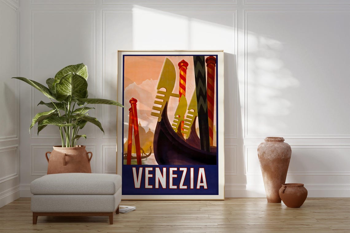 Venezia Italy Art Deco Gondola Prows Sunset Canal Vintage Poster - Image 3