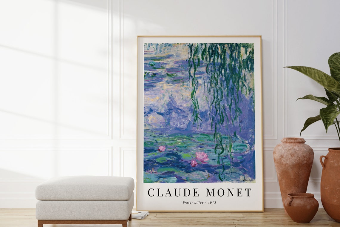 Claude Monet Water Lilies 1913 Weeping Willow Purple Blue Pond Poster - Image 3