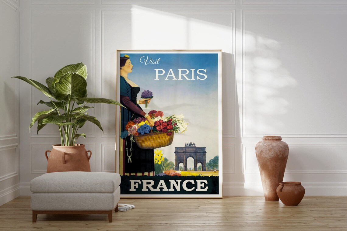 Visit Paris France Flower Seller Vintage Arch Monument Travel Poster - Image 3