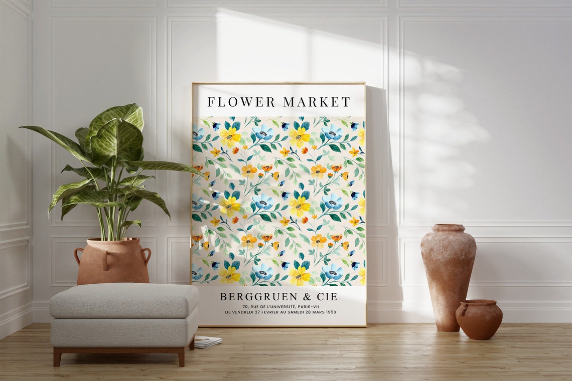 Flower Market Paris Poster Yellow Blue Floral Watercolor Wall Art - Image 2