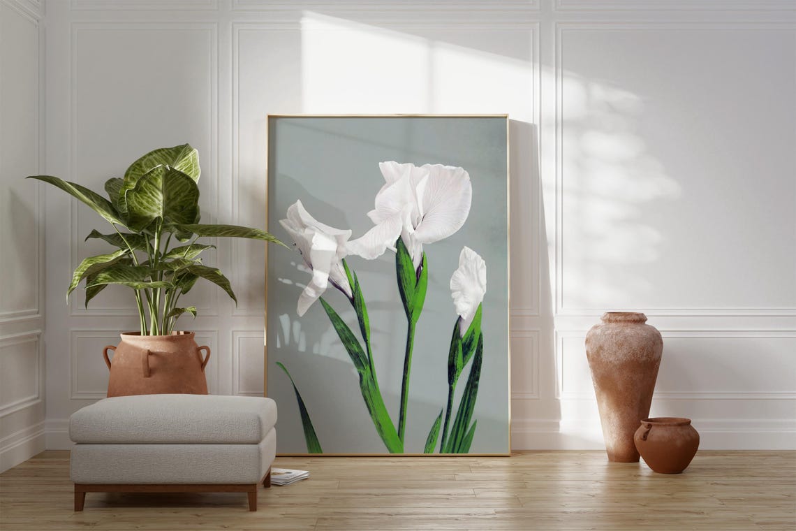 White Iris Flowers Japanese Woodblock Style Elegant Botanical Wall Art - Image 2