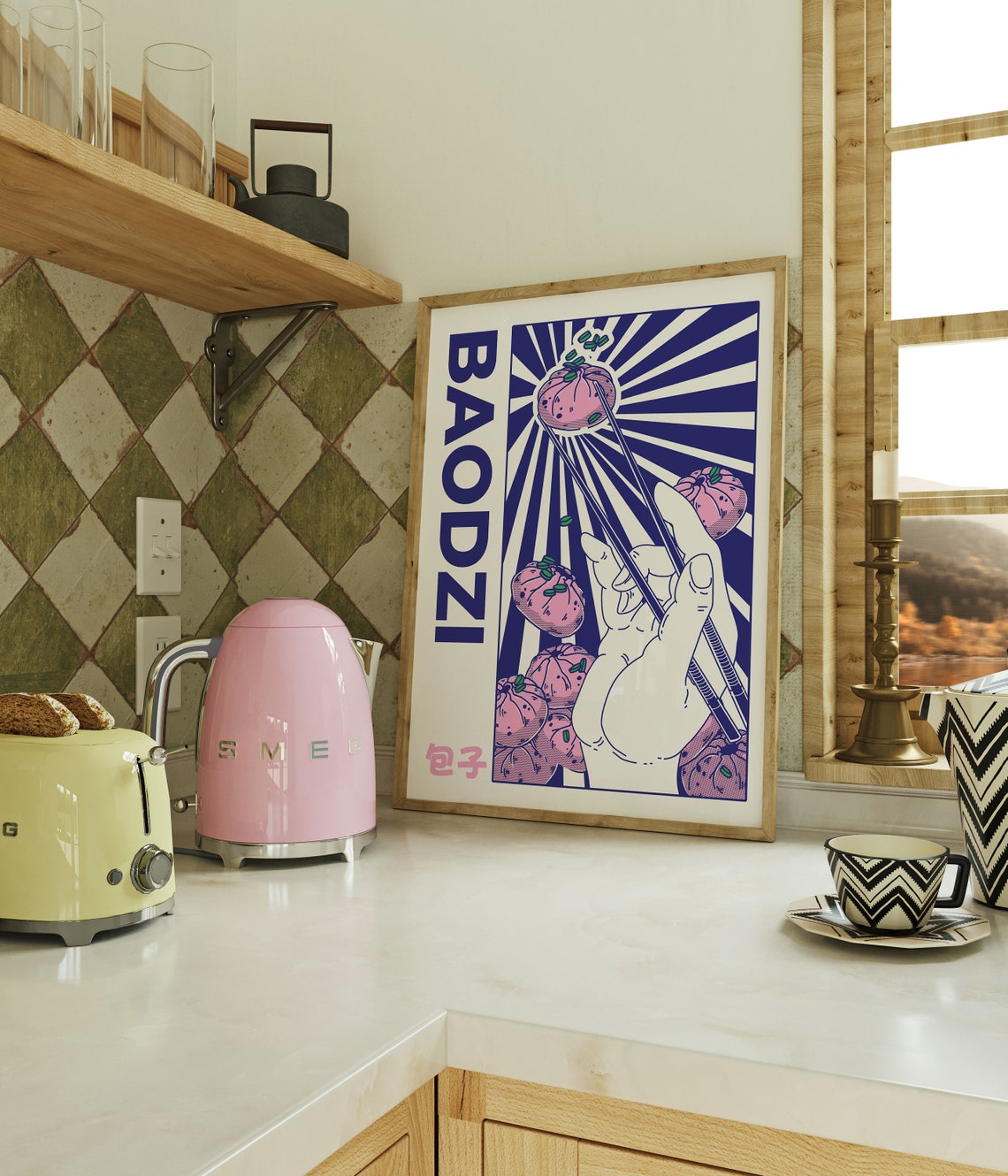 Baozi Steamed Buns Retro Pop Art Chopsticks Illustration Food Poster - Image 4