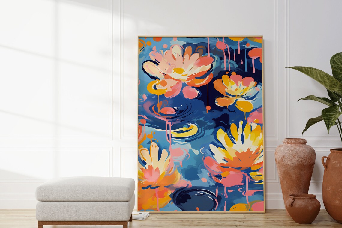 Abstract Water Lilies Colorful Floral Pond Blue Background Art - Image 3