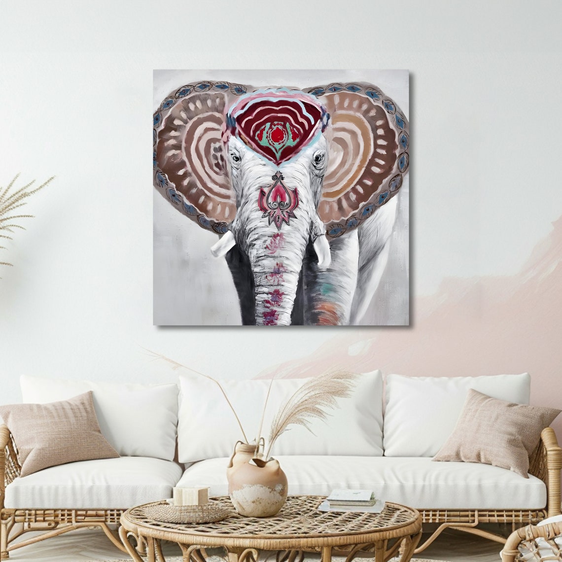 Ornate Mandala Decorated Elephant Head Earth Tones White Art Poster - Image 5