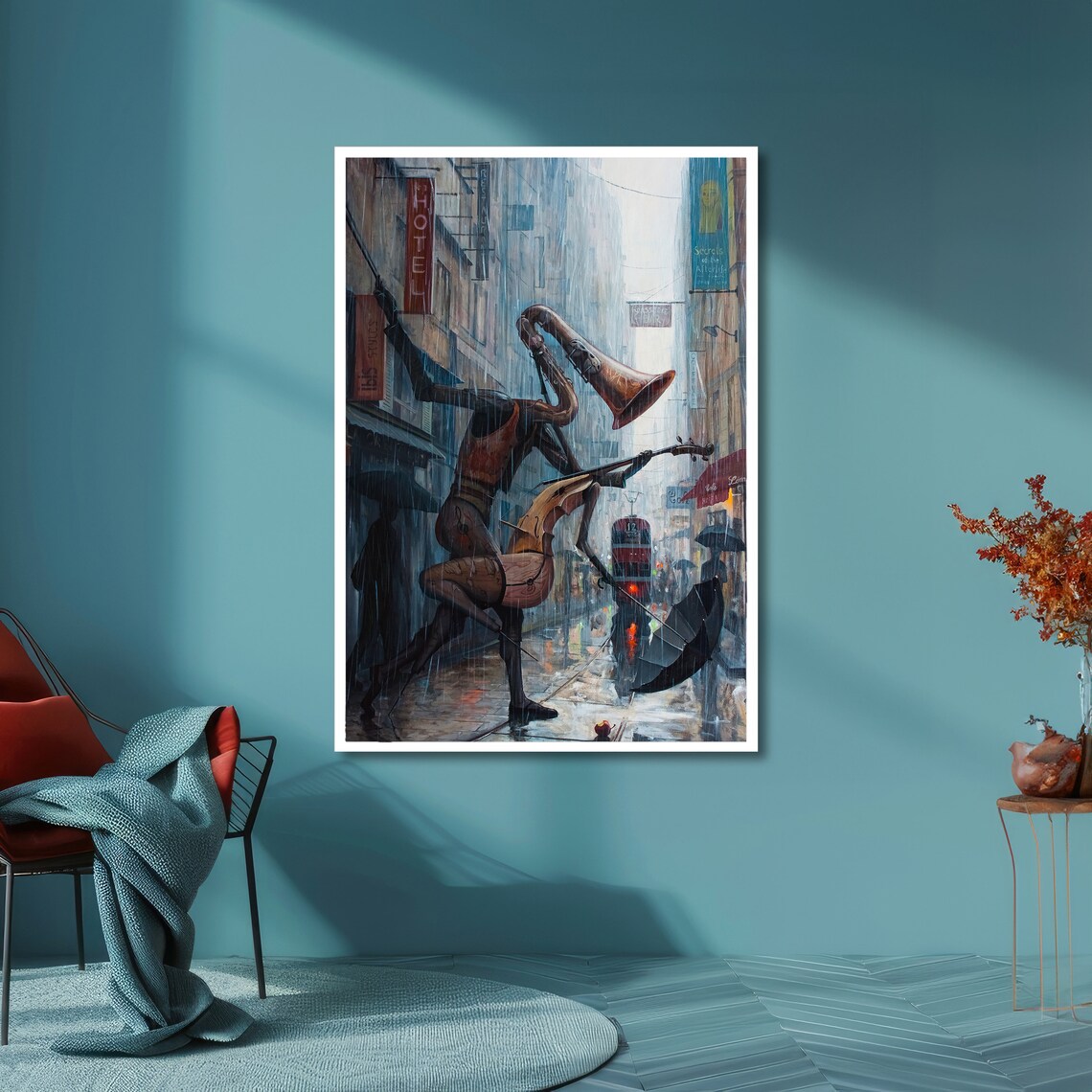 Surreal Saxophone Player Rainy City Street Jazz Music Poster - Image 6