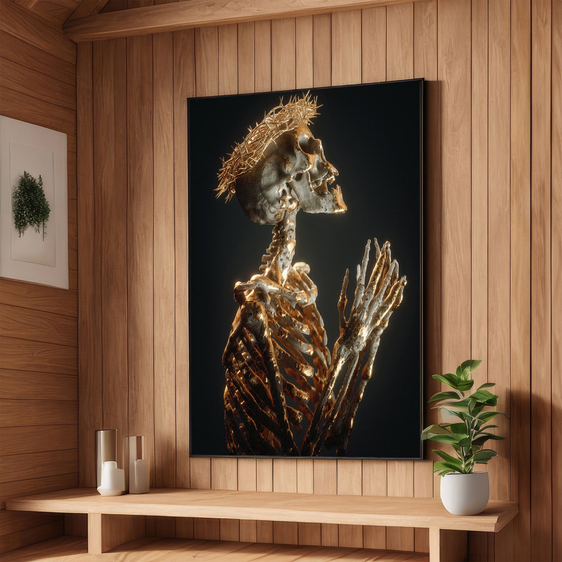 Skeleton Praying With Crown Of Thorns Art Gothic Skeleton Art Dark Religious Decor Unique Wall Art Ready To Hang