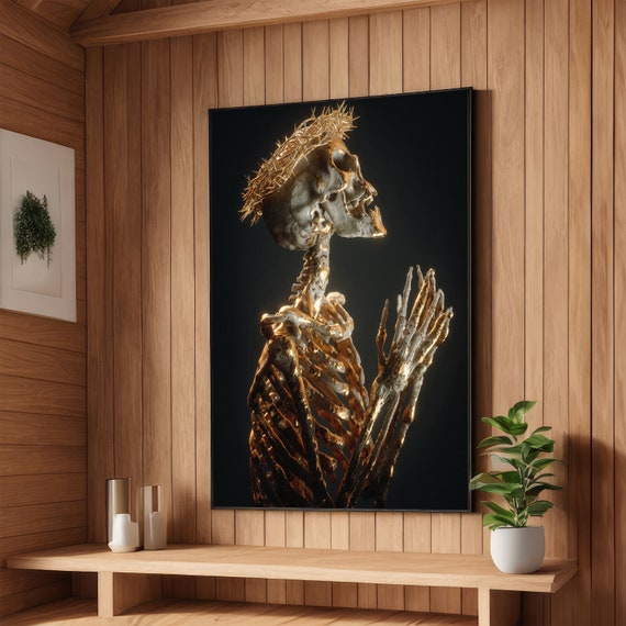 Skeleton Praying With Crown Of Thorns Art Gothic Skeleton Art Dark Religious Decor Unique Wall Art Ready To Hang