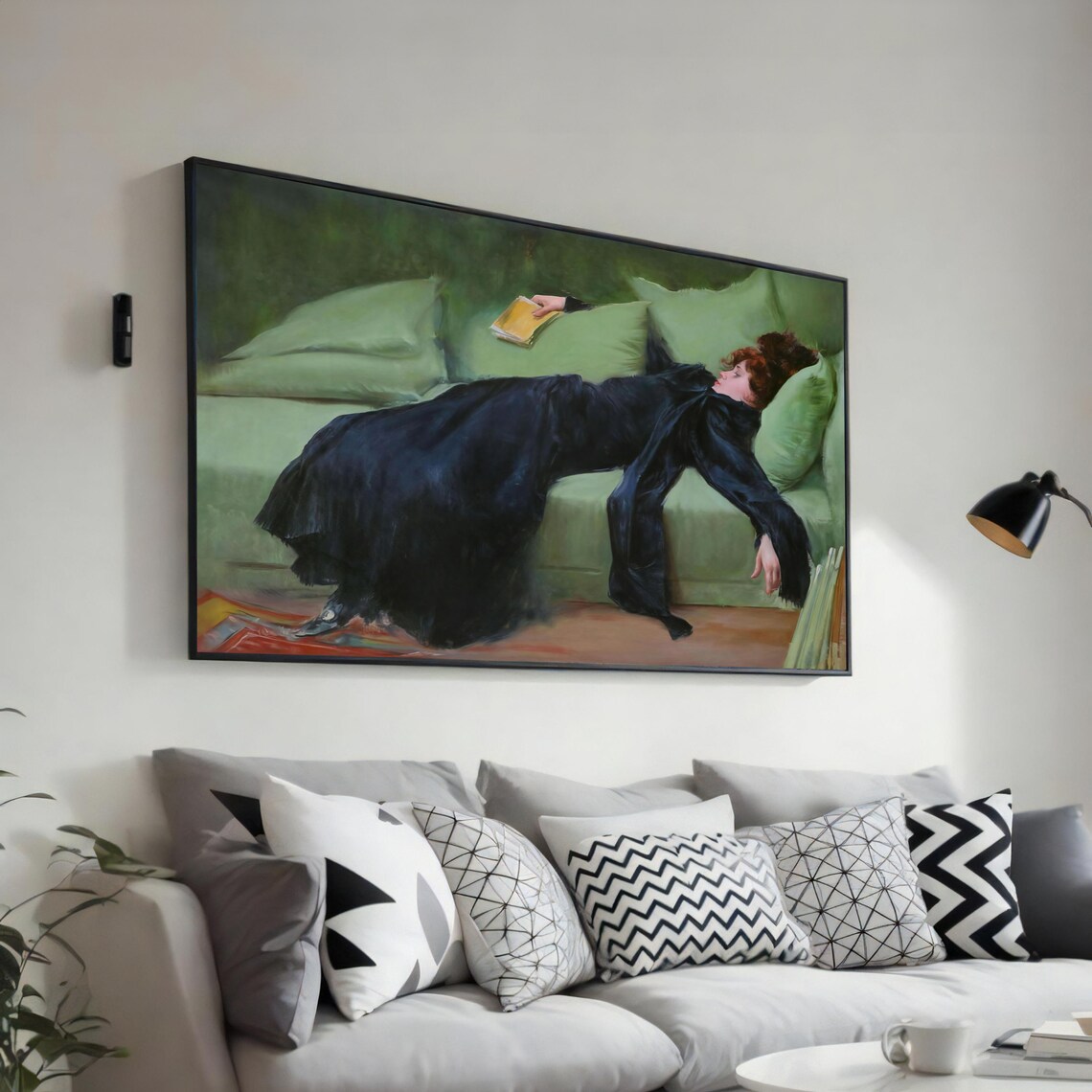 Boldini Repose Woman in Black Reclining on Green Sofa Art Poster