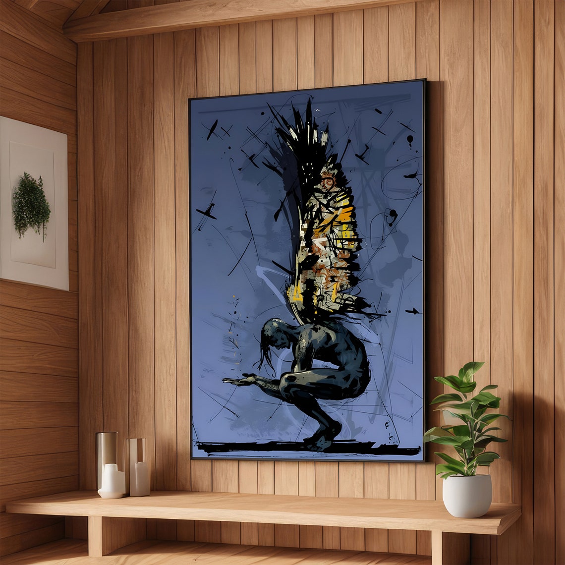 Crouching Winged Figure Graffiti Abstract Dramatic Dark Blue Poster