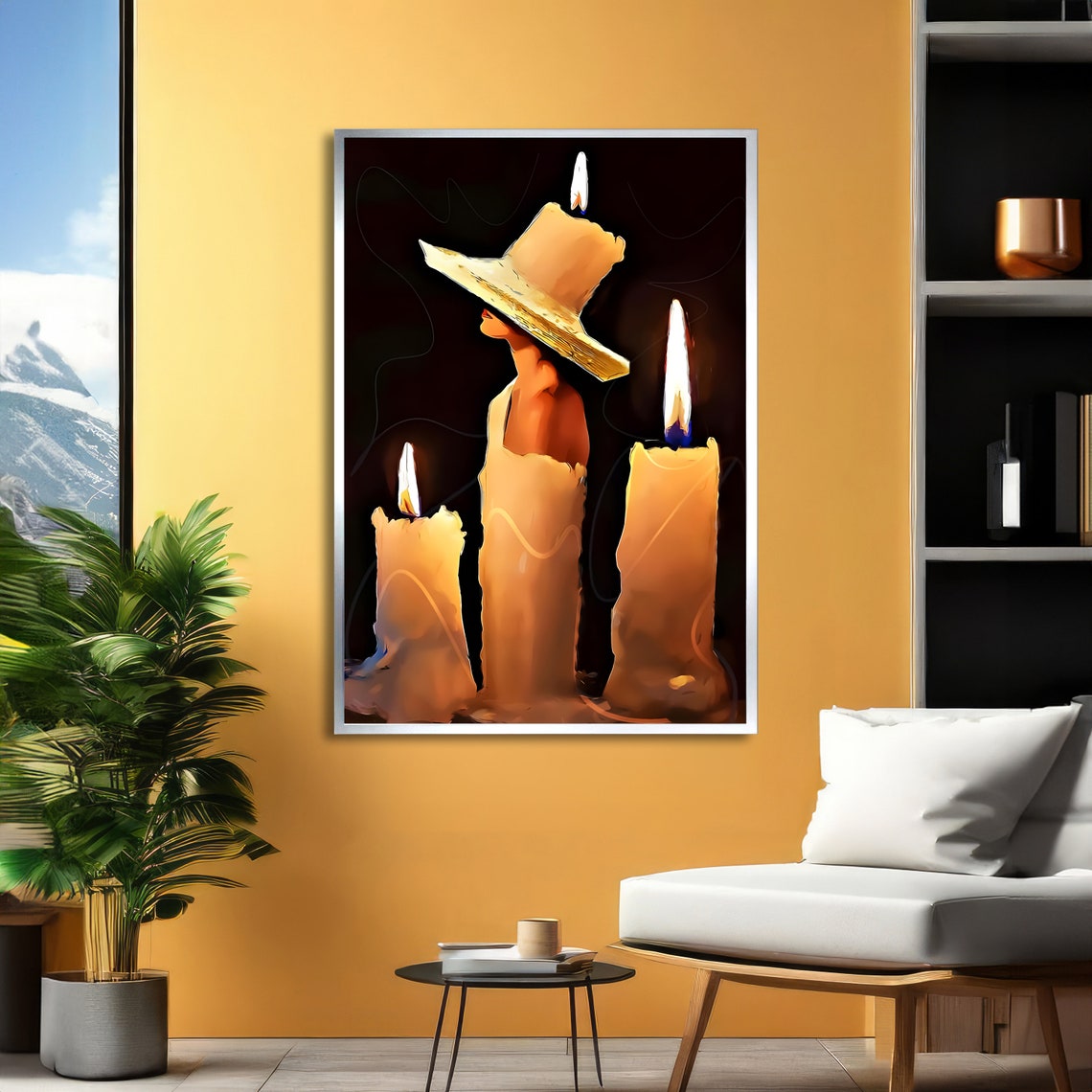 Three Burning Candles Glowing in Warm Candlelight Cozy Art Poster - Image 2