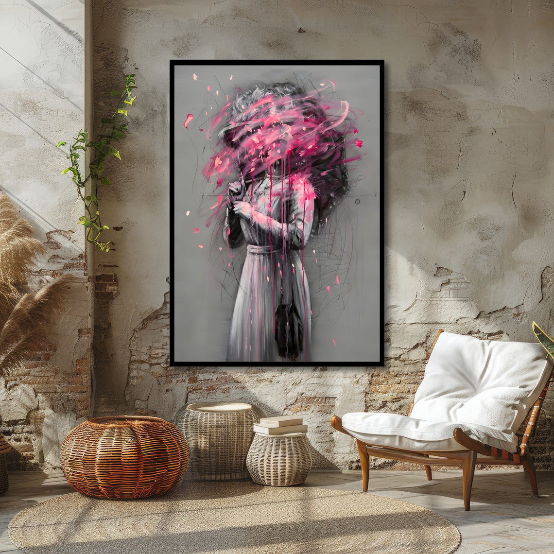 Woman With Pink Paint Explosion Head Abstract Drip Art Poster - Image 4