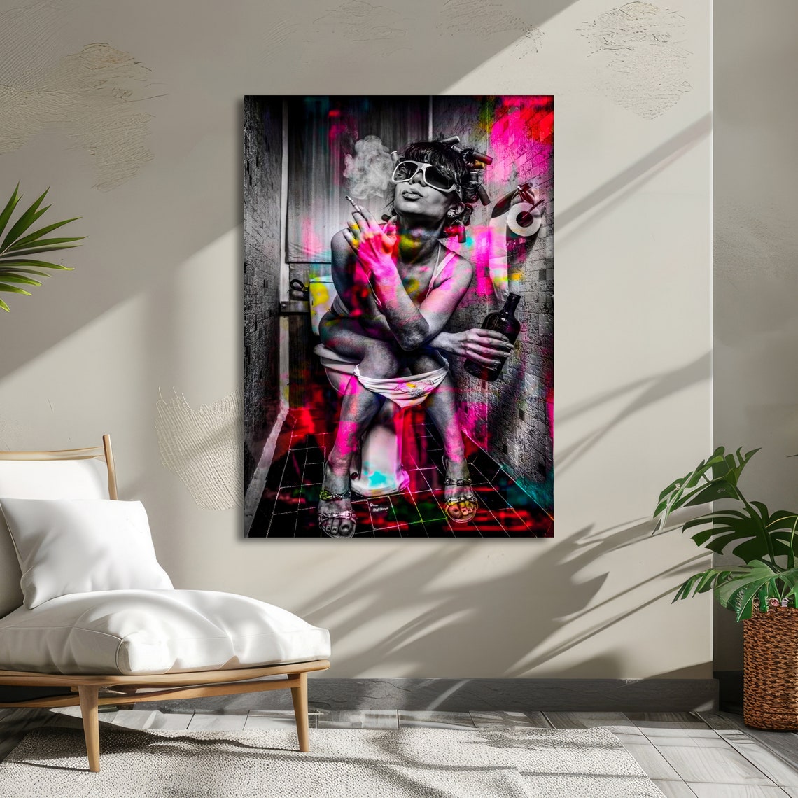 Edgy Pop Art Woman Smoking in a Neon-Splashed Bathroom Scene Poster - Image 5