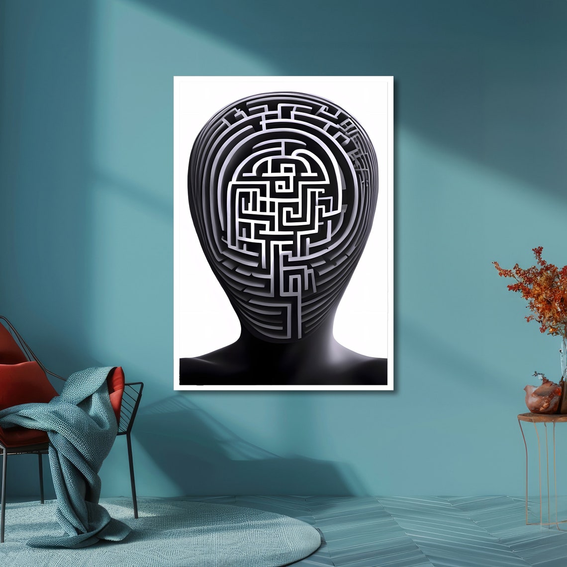 Black Human Head With Maze Labyrinth Face Surreal Optical Art Poster - Image 6