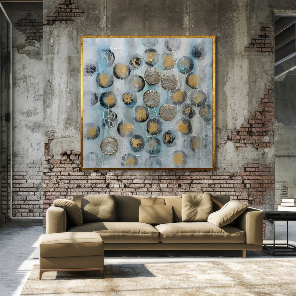 Modern Abstract Circles Contemporary Wall Art Blue And Gold Geometric Print Wall Art Design Ready To Hang Decoration - Image 5