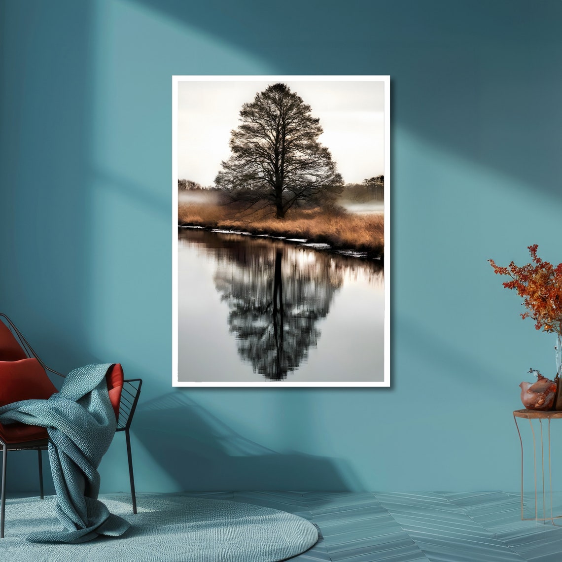 Solitary Tree Reflected in a Calm Lake on a Misty Morning Poster - Image 6