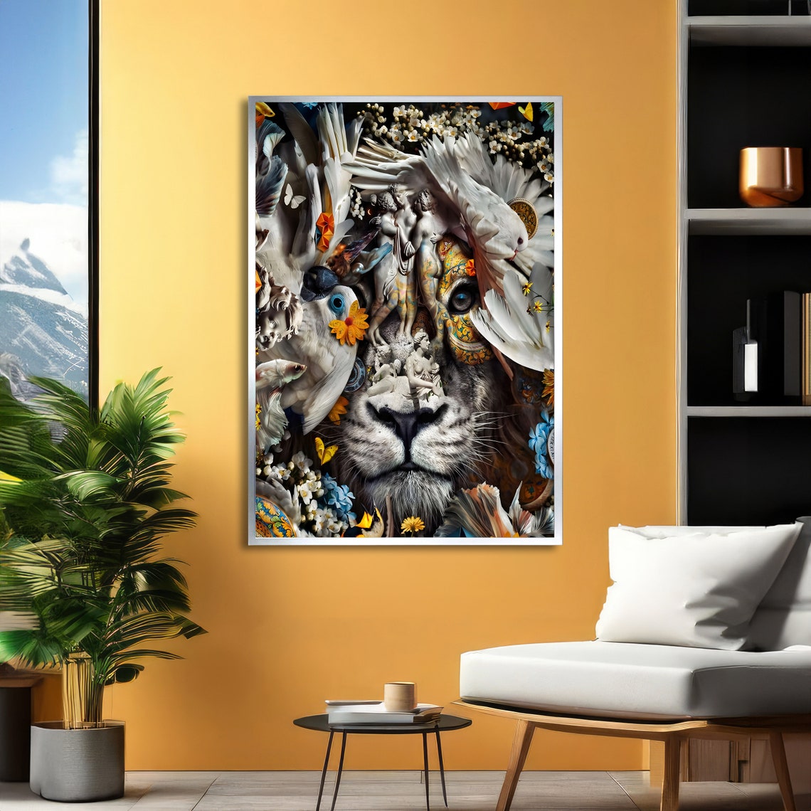 Surreal Lion Collage with Doves Flowers Butterflies Art Poster - Image 4
